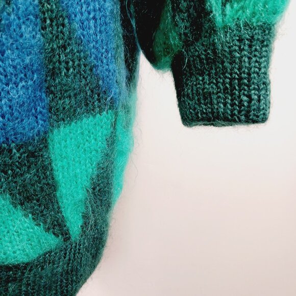 Mohair Label Irish Mohair & Wool Geo Print Cardigan, Greens & Peacock Blue ? Med - Picture 8 of 16